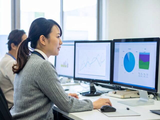 資料作成に集中する女性社員