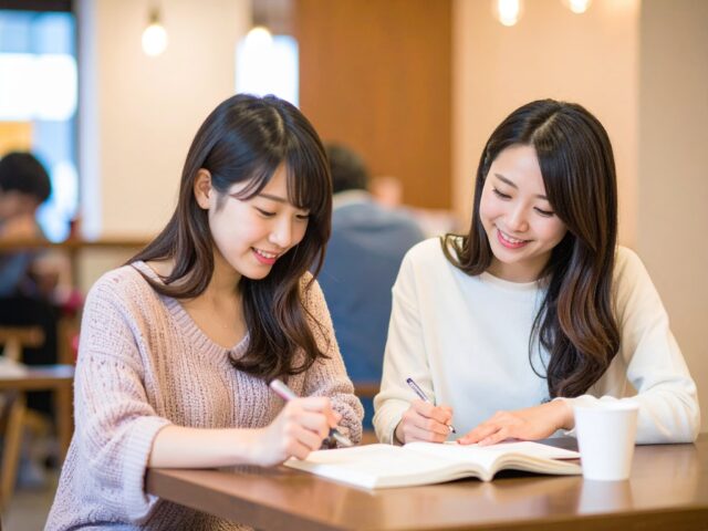 カフェで勉強をする学生