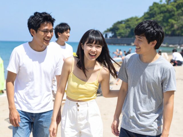 友人とビーチで遊ぶ大学生