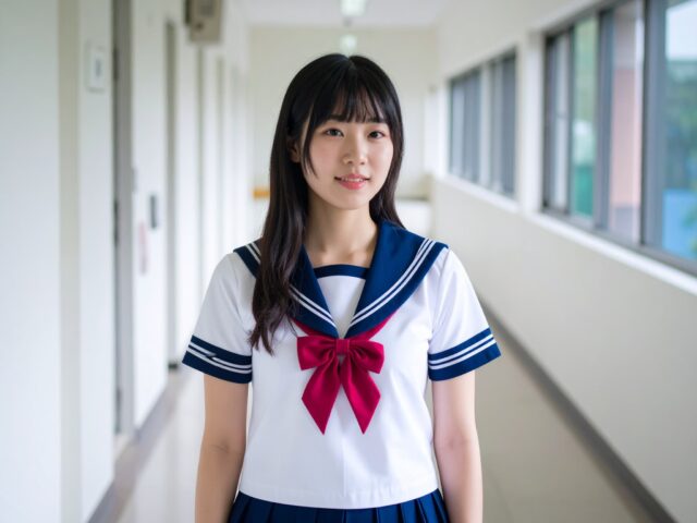 学校の廊下で佇む女子学生