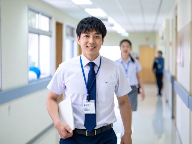 学校の廊下を歩く涼しげな男性教員