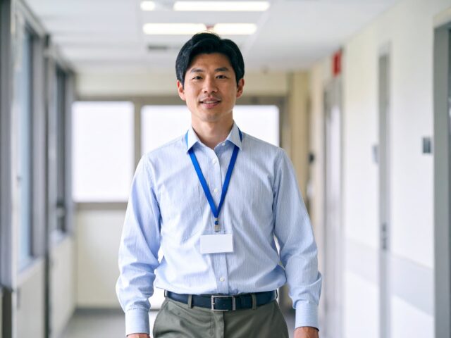 学校の廊下を歩く男性教員