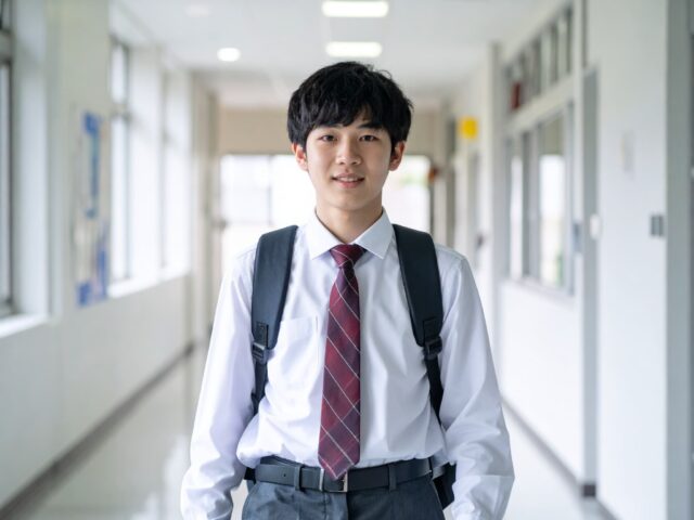 学校の廊下を歩く男子学生
