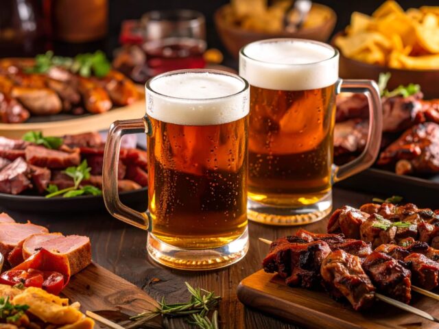 豪華な肉料理とお酒がテーブルを埋め尽くすように並んでいる
