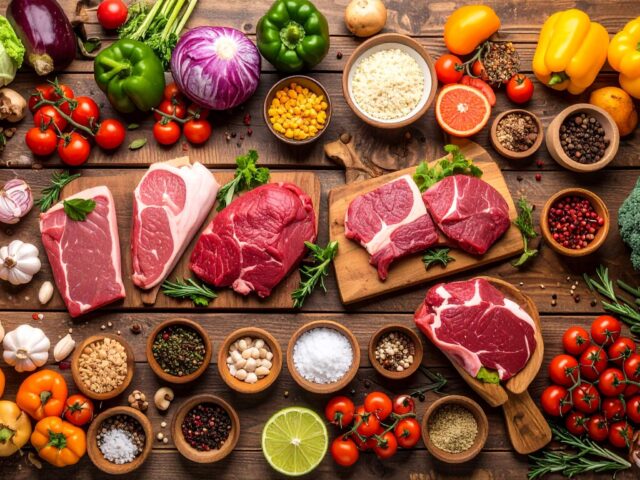 木のテーブルの上に、多彩な食材が散りばめられるように並んでいる