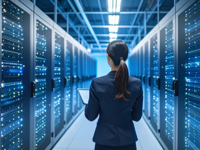 光るサーバールームを監視する女性