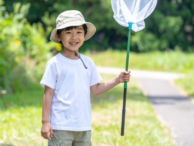 虫取り網を手にした小学生男児