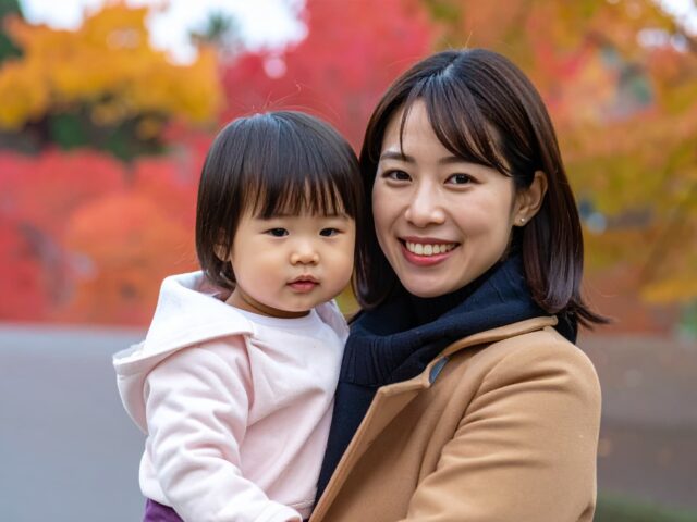 子どもを抱っこする母親（秋）