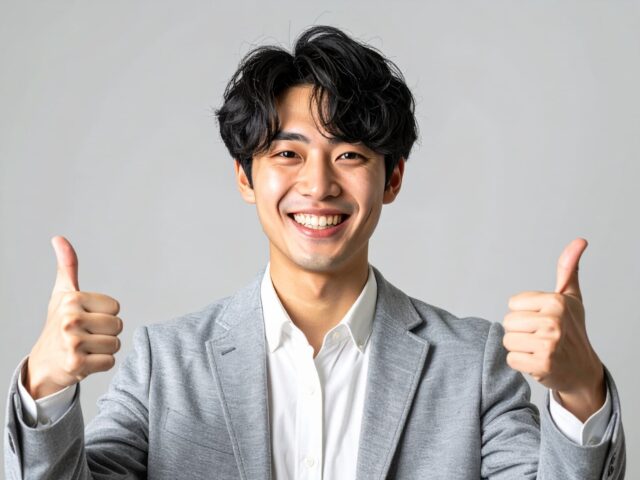 両手でグッドサインをする笑顔の男性