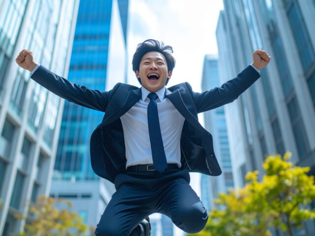 オフィス街でジャンプして成功を喜ぶスーツ姿の日本人ビジネスマン