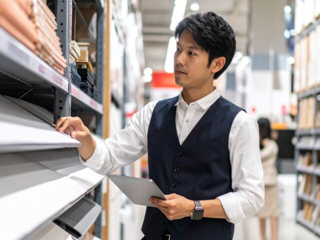 倉庫でタブレット端末を使って在庫管理をする男性
