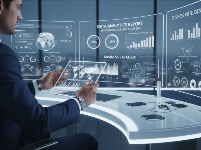 未来のオフィスで透明ディスプレイを操作しデータ分析を行うビジネスマン