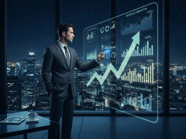 夜景のオフィスで成長戦略のグラフとデータを分析するビジネスマン