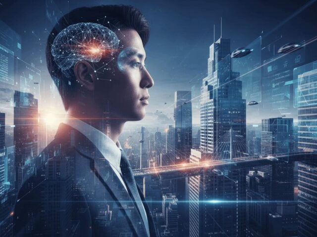 未来都市を背景にAIの脳とビジネスを考える男性