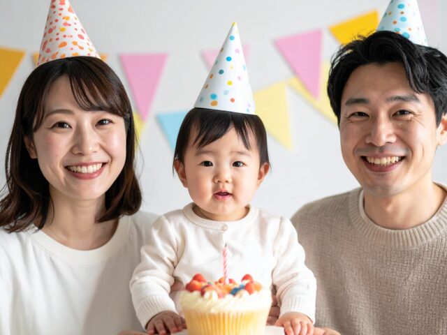 はじめてのお誕生日パーティーをする家族