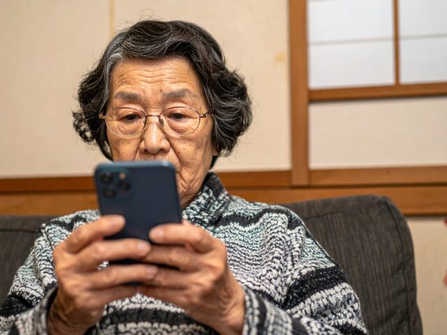 スマートフォンを見つめるシニア女性