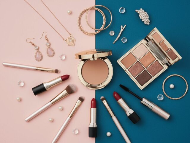 ピンクとブルーの背景に並べられた化粧品とアクセサリー