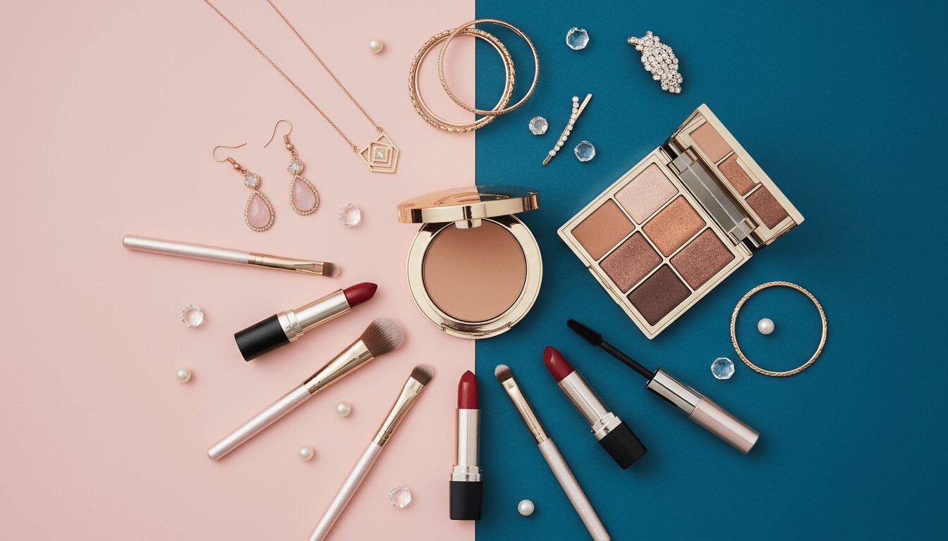 ピンクとブルーの背景に並べられた化粧品とアクセサリー