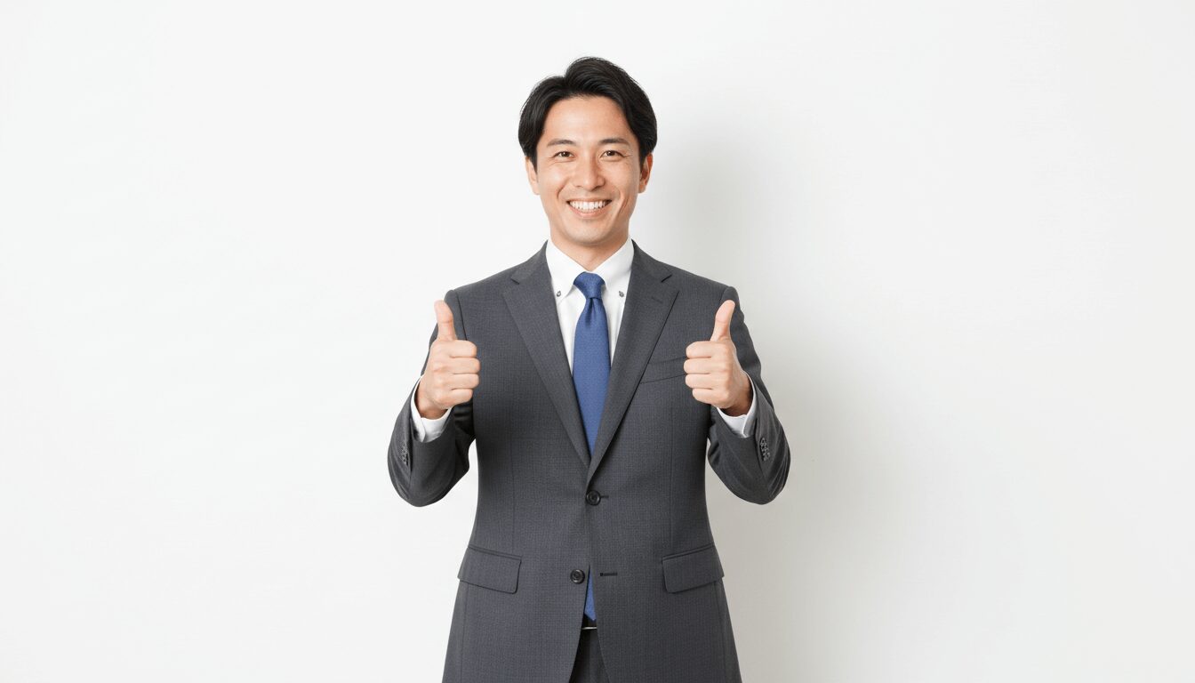 両手でグッドポーズをするスーツ姿の日本人ビジネスマン