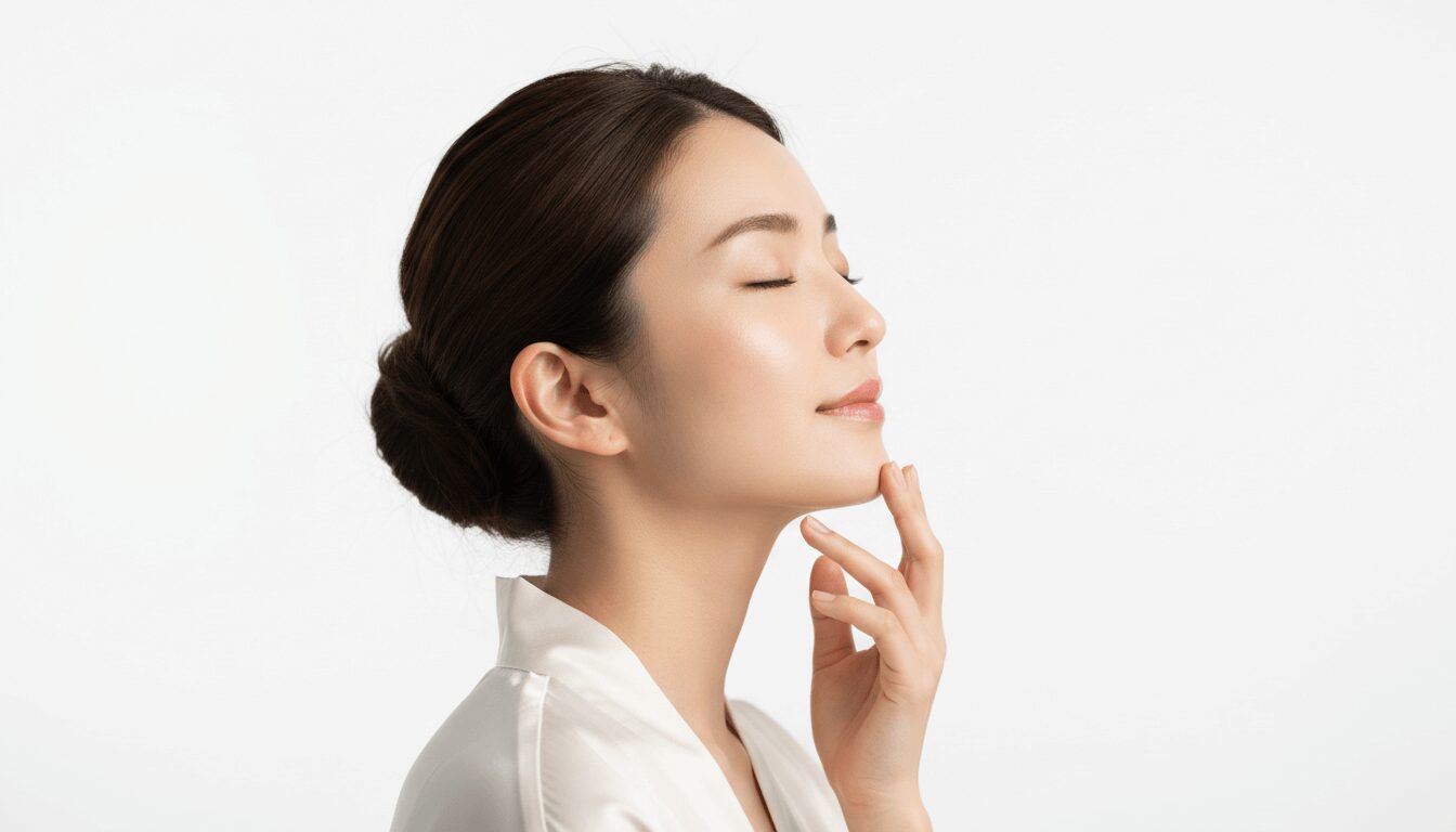 スキンケア後の滑らかな肌を触る女性