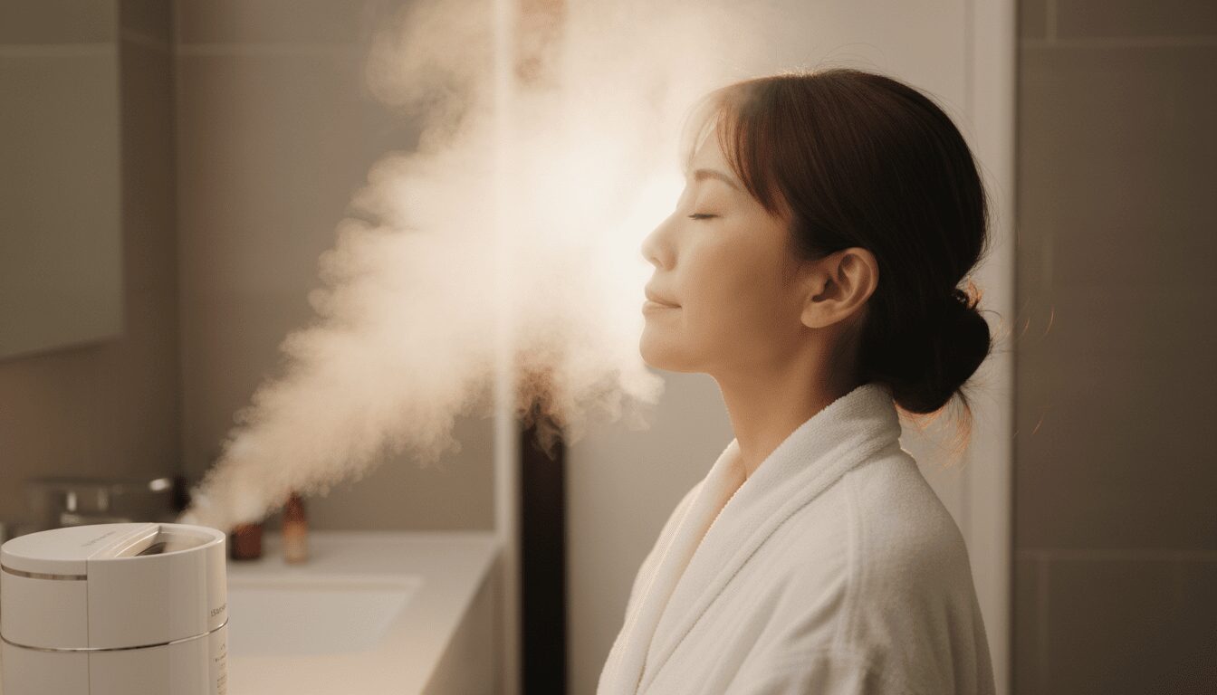 美顔器のスチームを浴びる女性