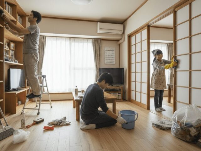 年末の大掃除をする家族