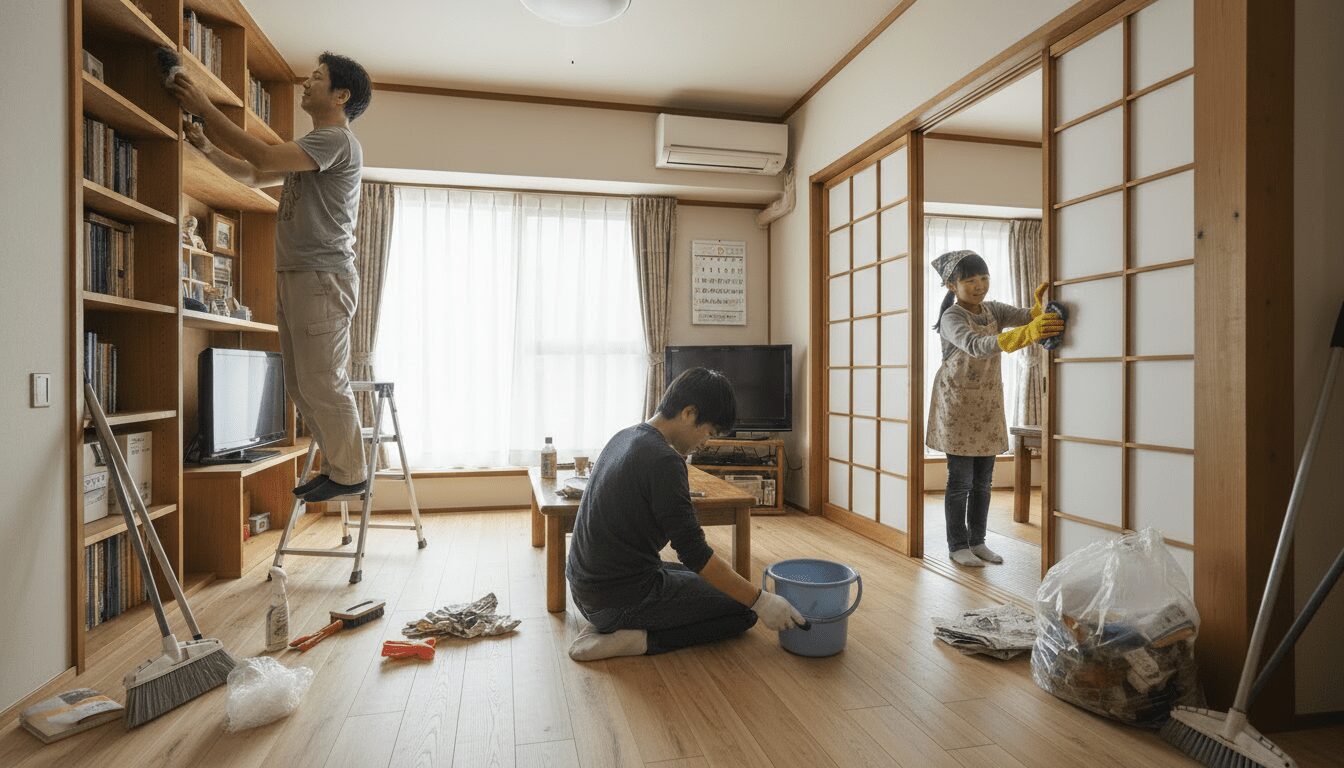 年末の大掃除をする家族
