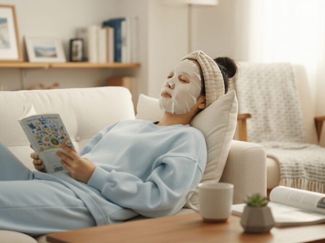 フェイスパックをしてリラックスする女性