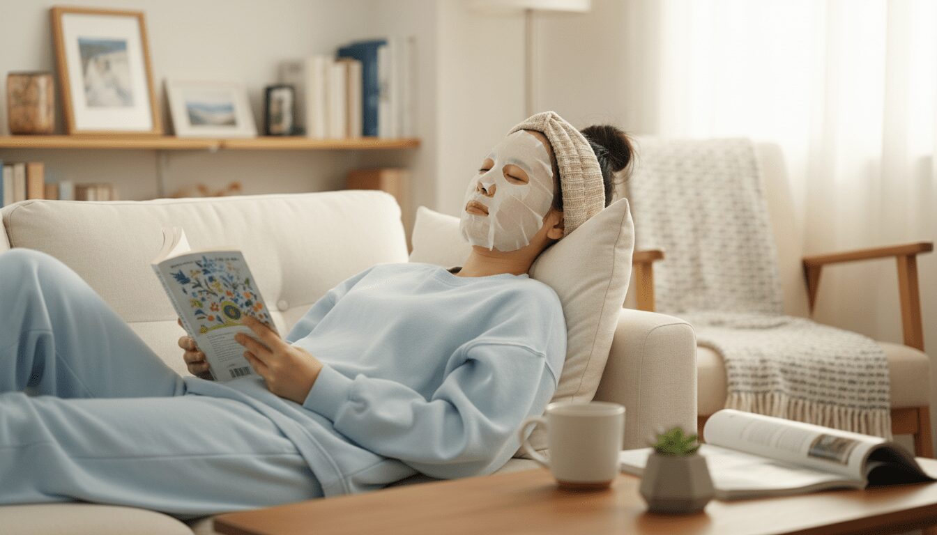 フェイスパックをしてリラックスする女性