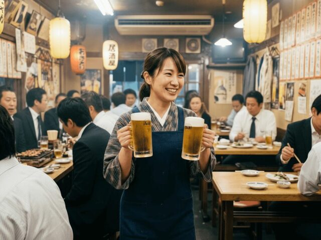 居酒屋でアルバイトをする女性