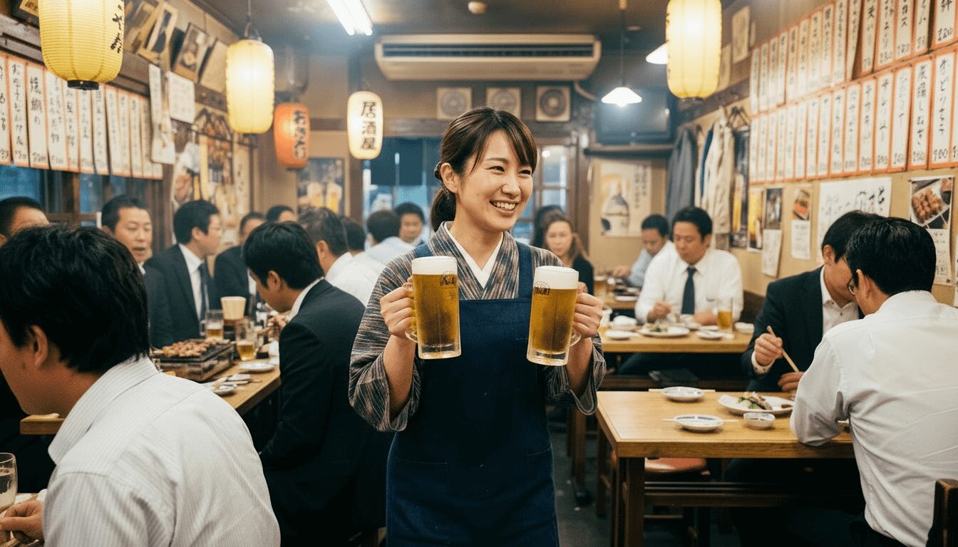 居酒屋でアルバイトをする女性