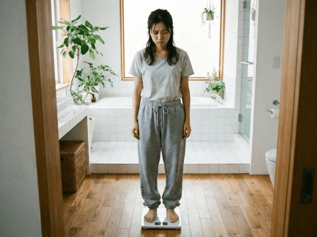 憂鬱な表情で体重計に乗る若い日本人女性