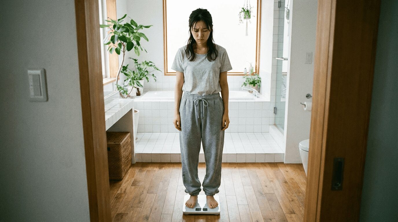 憂鬱な表情で体重計に乗る若い日本人女性