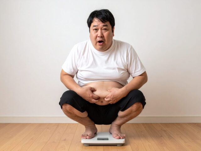 体重計に乗り、お腹の脂肪をつまんで驚く中年の男性