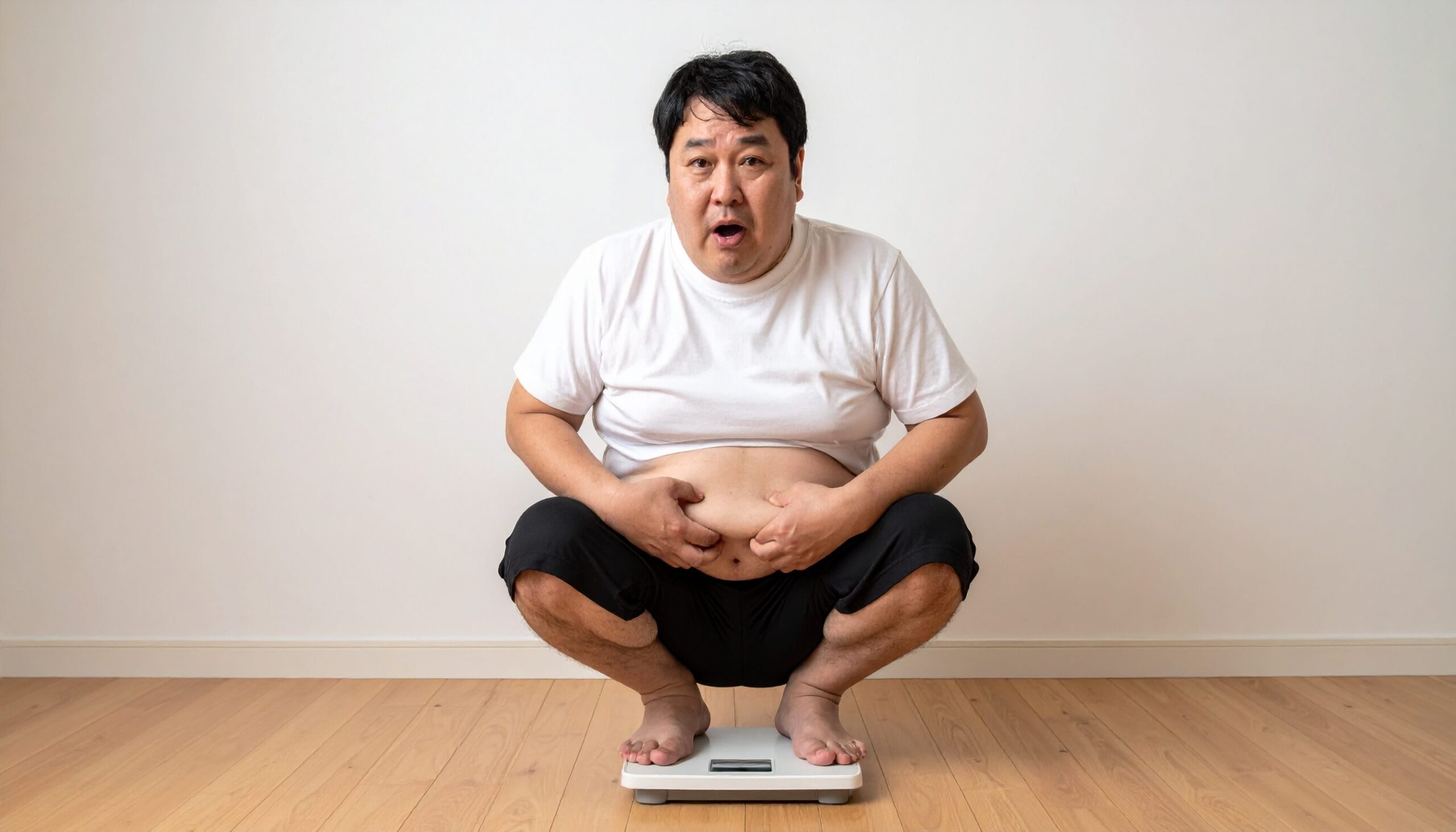 体重計に乗り、お腹の脂肪をつまんで驚く中年の男性