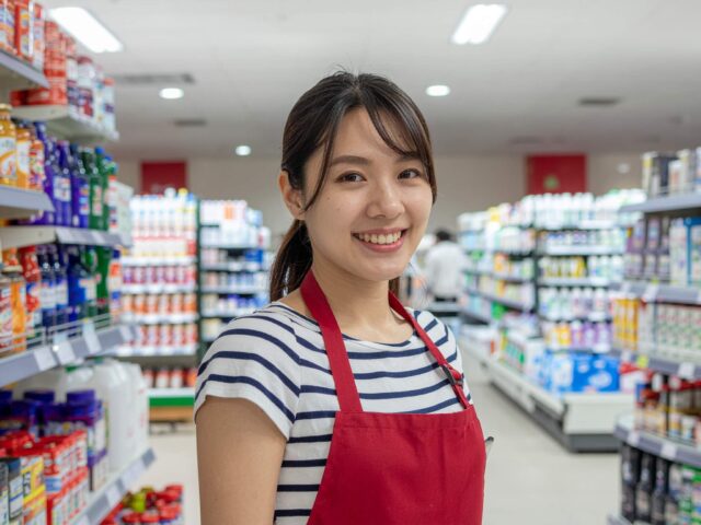 スーパーマーケットのレジで働く笑顔の若い女性