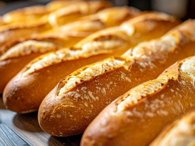 ベーカリーの棚にきれいに整列した焼きたてのフランスパン