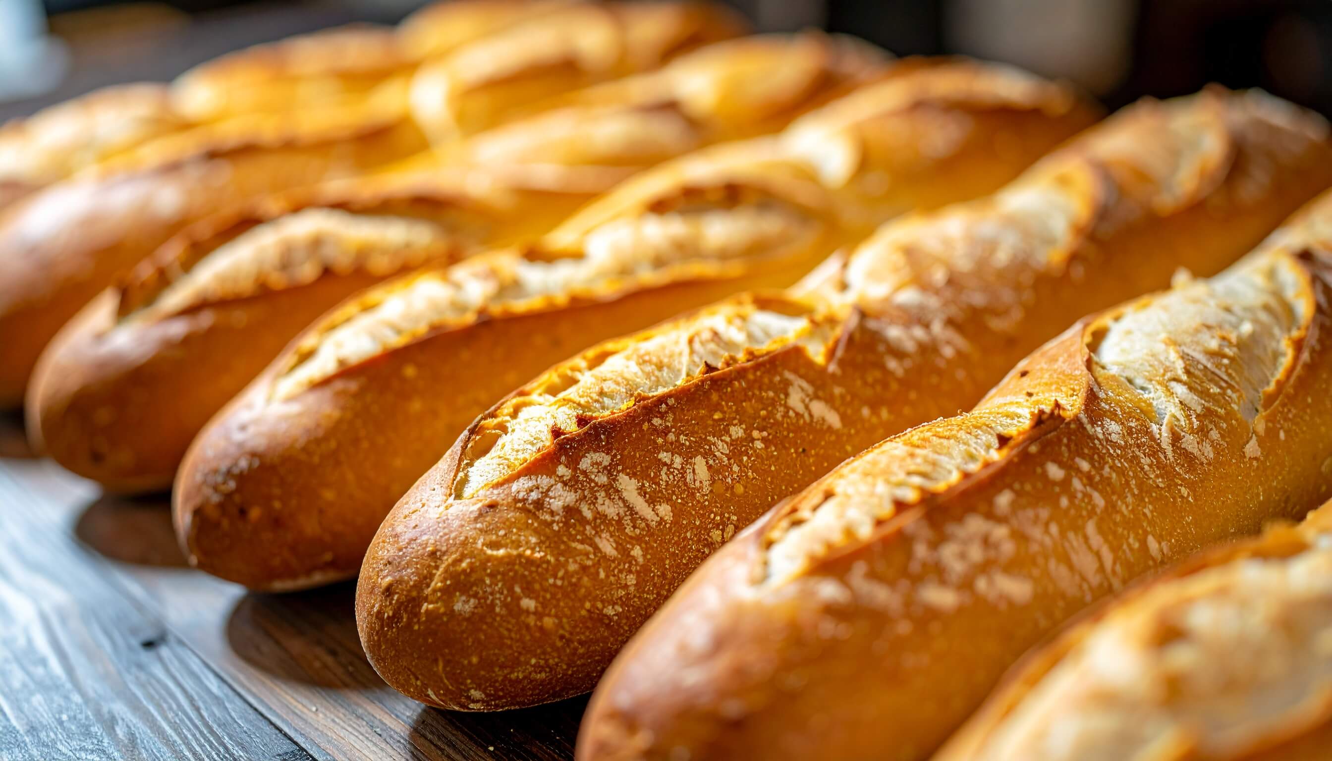 ベーカリーの棚にきれいに整列した焼きたてのフランスパン