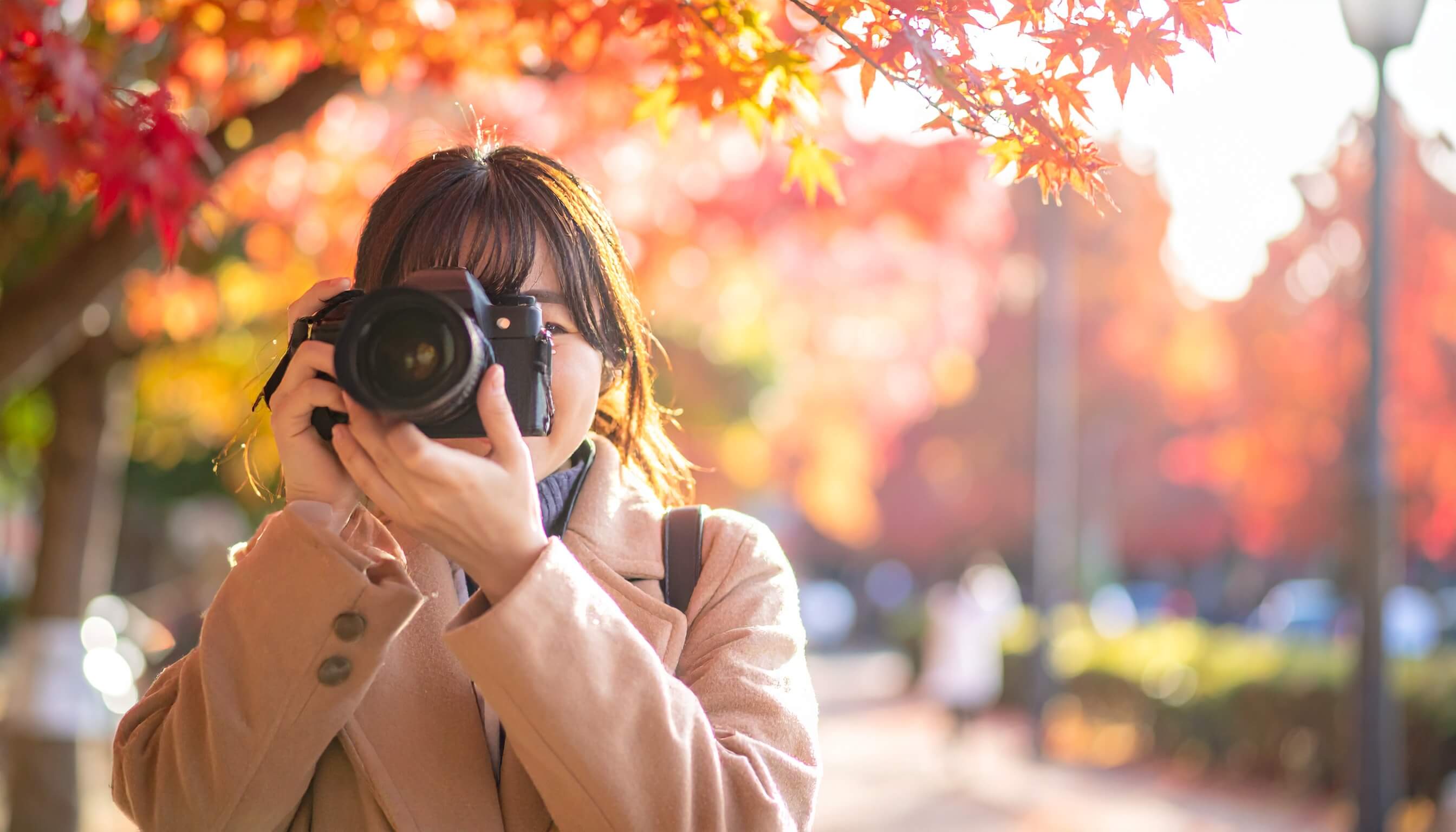 美しい紅葉を背景に一眼レフカメラを構える女性