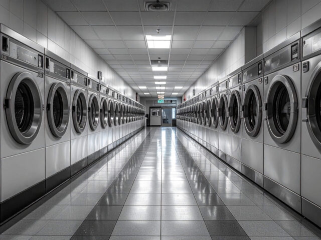 店内にずらりと並んだ業務用のドラム式洗濯機