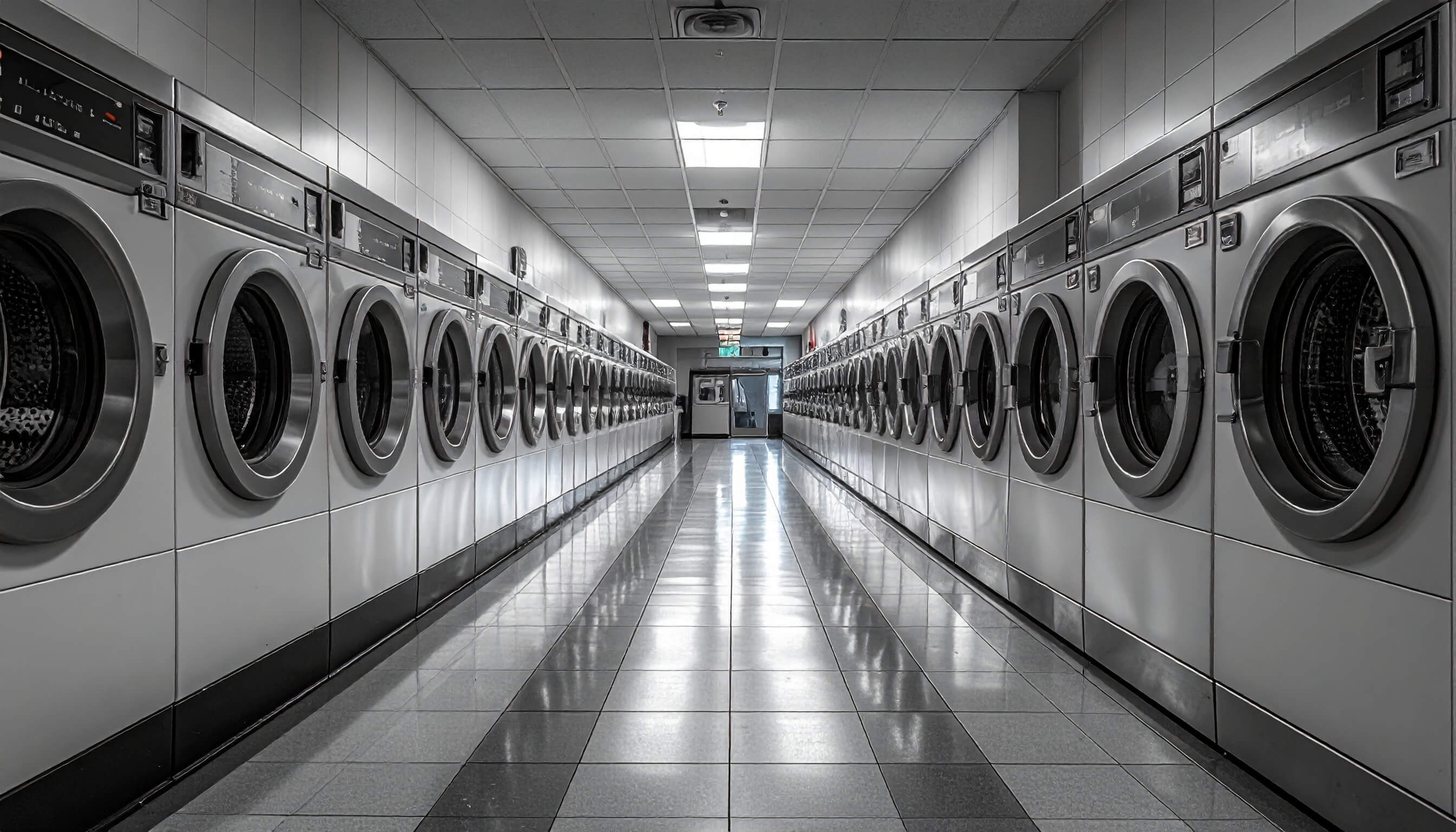 店内にずらりと並んだ業務用のドラム式洗濯機