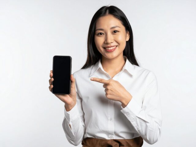 スマートフォンの画面を指差しておすすめする白シャツの女性