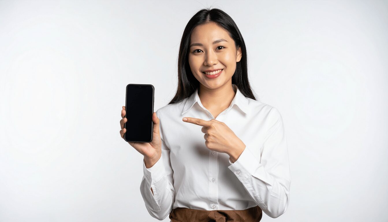 スマートフォンの画面を指差しておすすめする白シャツの女性