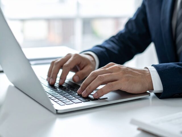 オフィスでノートパソコンをタイピングするビジネスマンの手元