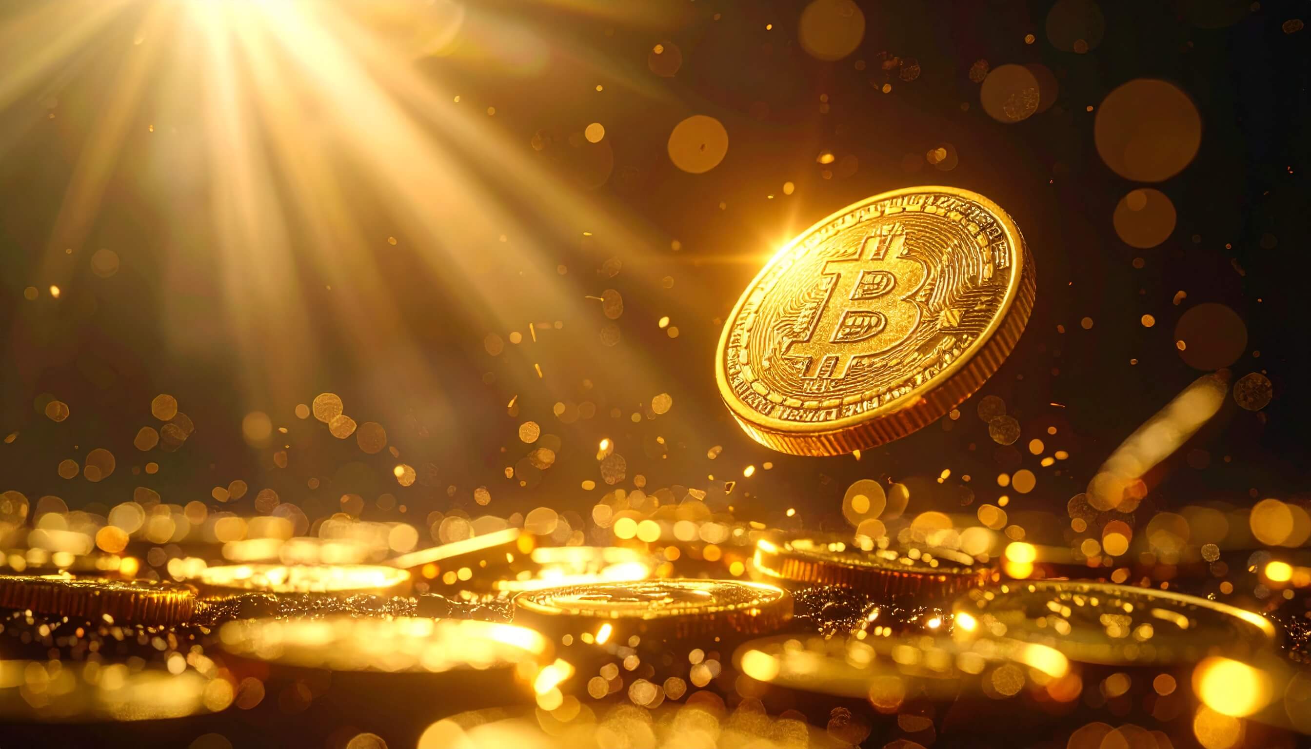 光を浴びて空中に舞う金色のコイン